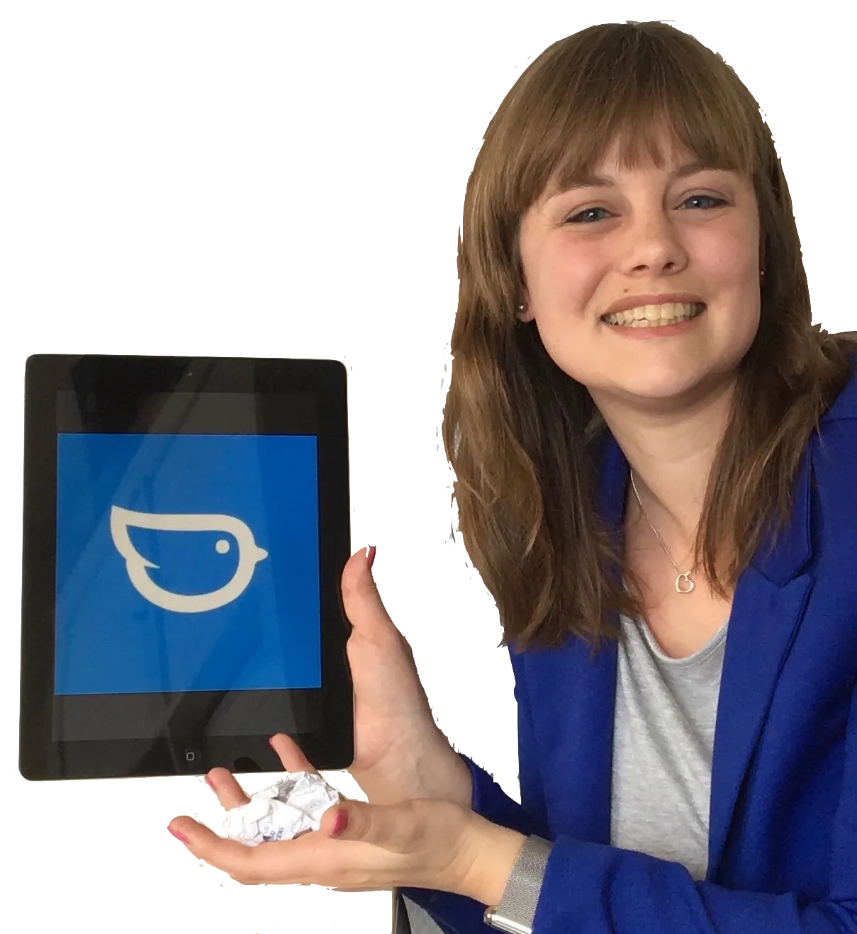 Angeline with tablet showing Moneybird app